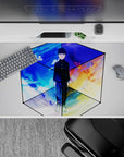 40x20 inches anime desk pad in cool blues and cloud white with fiery orange and purple dusk, calm vibe.