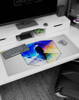 36x16 inches anime desk pad showing Mob in crisp black school uniform, still inside a cube as skies flip.