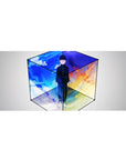 36x16 inches anime desk pad with Mob centered in a sleek cube, four-sky panel background, smooth tracking.