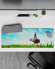 32x12 inches anime mouse pad with soft blue skies, bright green grass, dreamy gradients, calm desk vibe.