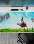 40x20 inches anime girl desk pad in soft blue and bright green, calm sky vibe with dreamy gradients.
