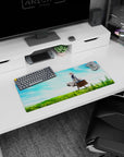 28x12 inches mouse pad showing Violet Evergarden with suitcase, swirling dress, standing in open fields.
