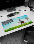 32x16 inches Violet Evergarden mouse pad, Violet with suitcase in sunlit meadow beneath blue clouds.