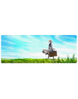 32x12 inches anime girl mouse pad with Violet Evergarden in green fields under blue clouds, suitcase in hand.