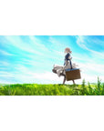 Anime girl desk pad 40x20 inches with Violet Evergarden in green fields under blue clouds, suitcase in hand.