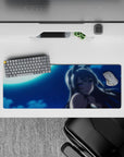 32x12 inches anime girl mouse pad in deep navy with cool cyan glow, midnight romance vibe, crisp shading.