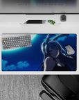 32x16 inches anime girl mouse pad in deep navy and cyan glow, midnight romance mood with soft clouds.