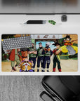 32x16 inches anime mouse pad in warm oranges, leafy greens and crisp ninja blues, sunny vibe.