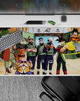40x20 inches anime desk pad in warm oranges, leafy greens, and crisp ninja blues, sunny playful vibe.