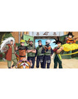 36x16 inches anime desk pad with Naruto and Dragon Ball crossover in Konoha, bold outlines and fun poses.