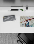 Serene yet eerie 14x10 inches anime mouse pad in cream, red, and black with cool blue eyes accent.