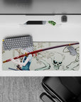 32x12 inches desk mouse pad in muted cream with bold red and black accents, serene yet spooky anime art.