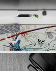 Serene yet spooky 36x16 inches anime desk pad in cream, red, and black with cool blue-eyed katana vibe.