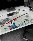 40x20 inches anime girl desk pad showing blue-eyed silver-haired warrior under blossoms with smoky skull aura.