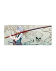 Anime girl mouse pad 28x12 inches with silver-haired swordswoman, cherry blossoms, and skull spirit ink smoke.