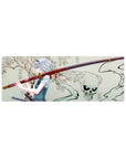 32x12 inches anime girl mouse pad with silver-haired swordswoman, cherry blossoms, skull spirit, red katana.
