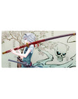 Anime girl mouse pad 32x16 inches with silver-haired swordswoman, cherry blossoms, and skull spirit ink art.
