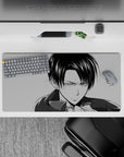 32x16 inches mouse pad with Levi Ackerman, capturing his power, discipline, and sharp precision in a monochrome manga-style design.