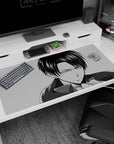 Large 40x20 inches mouse pad with Levi Ackerman, featuring a manga-style monochrome design that reflects his fierce determination and strength.