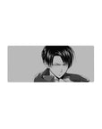 Mouse pad featuring Levi Ackerman, 28x12 inches, with a manga-style monochrome design reflecting his power and sharp precision.