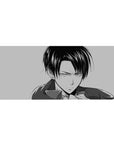Mouse pad featuring Levi Ackerman, 36x16 inches, with a manga-style monochrome design embodying his sharp precision and discipline.