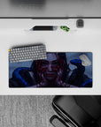 Moody stormy gray-blue anime desk mat with glossy cobalt scales and creepy-cute vibe, 28x12 inches.