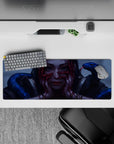 Moody gray-blue lighting anime girl mouse pad 32x12 inches with crimson hands and glossy blue snakes.