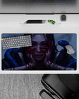 Moody gray-blue anime girl mouse pad 32x16 inches with stormy lighting, glossy blue snakes, and crimson.