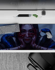 Moody gray-blue anime desk pad 36x16 inches with cobalt snakes, gold accents, and creepy-cute vibe.