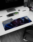 Staring anime girl with crimson-painted hands flanked by cobalt snakes mouse pad 32x12 inches.