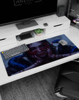 Anime girl stares forward on desk pad 36x16 inches, hands marked in red as blue snakes coil in.