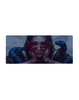 Dark fantasy anime girl mouse pad with cobalt snakes, crimson hands, and gold accents, 28x12 inches.