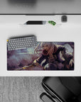 28x12 inches anime girl mouse pad in smoky mauve fog with soft purples, dusty grays, and ink speck streaks.