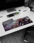 Silver-haired swordswoman sliding through mauve smoke, starburst blade, anime girl mouse pad 32x12 inches.