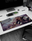 Anime girl desk pad 36x16 inches showing a fierce silver-haired swordswoman sliding through fog, sword flashing.