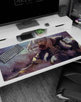40x20 inches anime girl desk pad showing a silver-haired swordswoman sliding through fog with a starburst slash.
