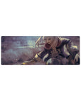 Anime girl mouse pad 32x12 inches with silver-haired fighter, smoky fog, lace coat, and flashing blade.
