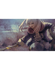 Anime girl desk pad 40x20 inches with silver-haired fighter, lace coat, smoky fog, and flashing blade.
