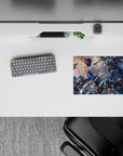 Steel blue and gunmetal gray anime mouse pad 14x10 inches, lit by hot orange sparks in space combat.