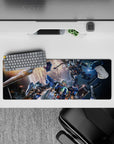 Steel blue and gunmetal gray anime mouse pad 32x12 inches with hot orange glow and space chaos mood.