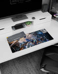 28x12 inches anime mouse pad showing two mobile suits colliding amid sparks, shattered panels, and space dust.