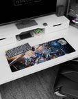 Two mobile suits colliding in a spark storm anime mouse pad 32x12 inches with floating space debris.