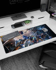 Two mobile suits colliding in space on an anime desk pad 36x16 inches, sparks and dust everywhere.
