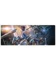 Gundam-inspired mecha battle anime mouse pad 32x12 inches with sparks, debris, and laser fire.