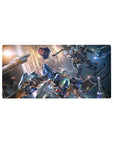 Gundam-style anime mouse pad 32x16 inches with battling mecha, sparks, lasers, and space debris.