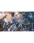 40x20 inches anime desk pad with Gundam-style mobile suit battle, sparks, debris, and laser streaks.