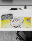 32x12 inches anime mouse pad in sunny orange, mint and peach dots, cozy spaced-out vibe with cloud puffs.