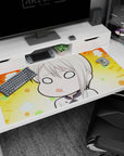 40x20 inches anime girl desk pad featuring a blank-eyed chibi with creamy blond hair and tiny pout on orange rays.