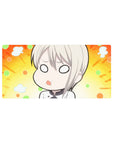 32x16 inches anime girl mouse pad with sleepy chibi girl, orange rays, mint-peach dots and cloud puffs.