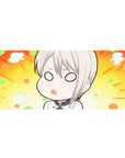 Anime girl desk pad 36x16 inches with sleepy chibi blonde, orange rays, mint-peach dots and clouds.